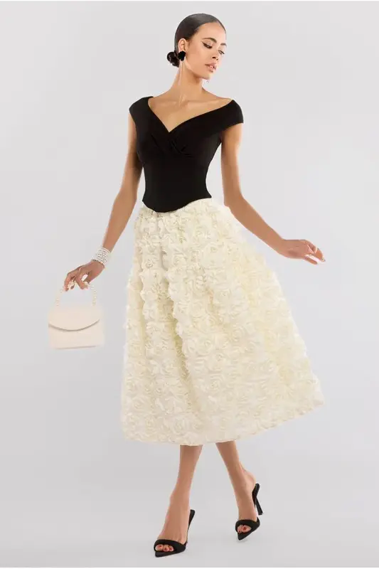 Goddiva Front Pleated Wrap Off The Shoulder Corset With 3D Floral Mesh Skirt - Black & Cream