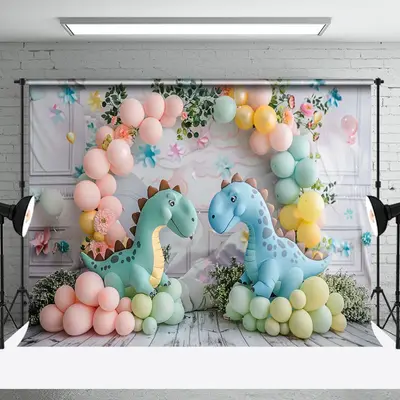 Arch Balloons Leaf Cute Dinosaur Cake Smash Backdrop