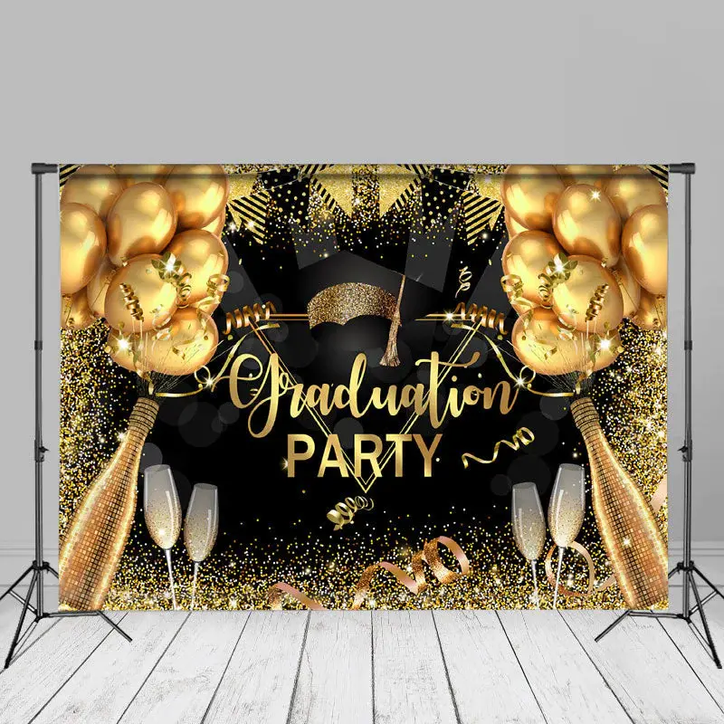 Glitter Gold Balloons Black Grad Party Photo Backdrop - Aperturee