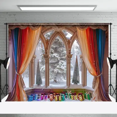 Rainbow Curtain Window Snowy Scene Christmas Backdrop - Aperturee