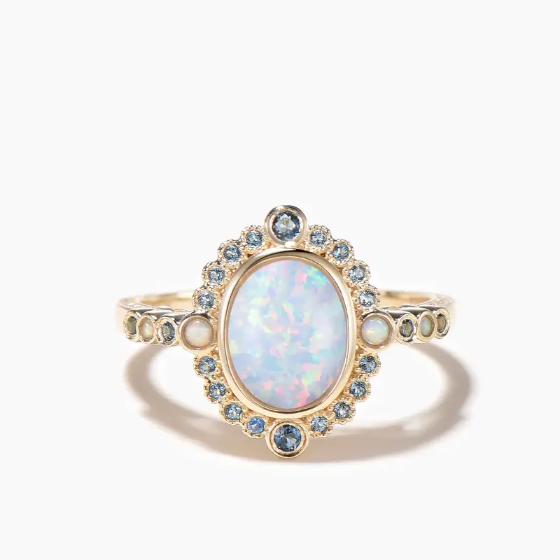 Oval Cut White Opal Engagement Ring Blue Topaz Halo Yellow Gold Ring