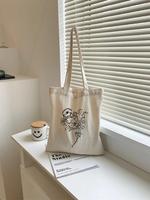 Women's Simple Floral Pattern Beige Canvas Tote Bag, Casual Large Capacity Shoulder Bag for Daily Used, Casual Trendy Versati...