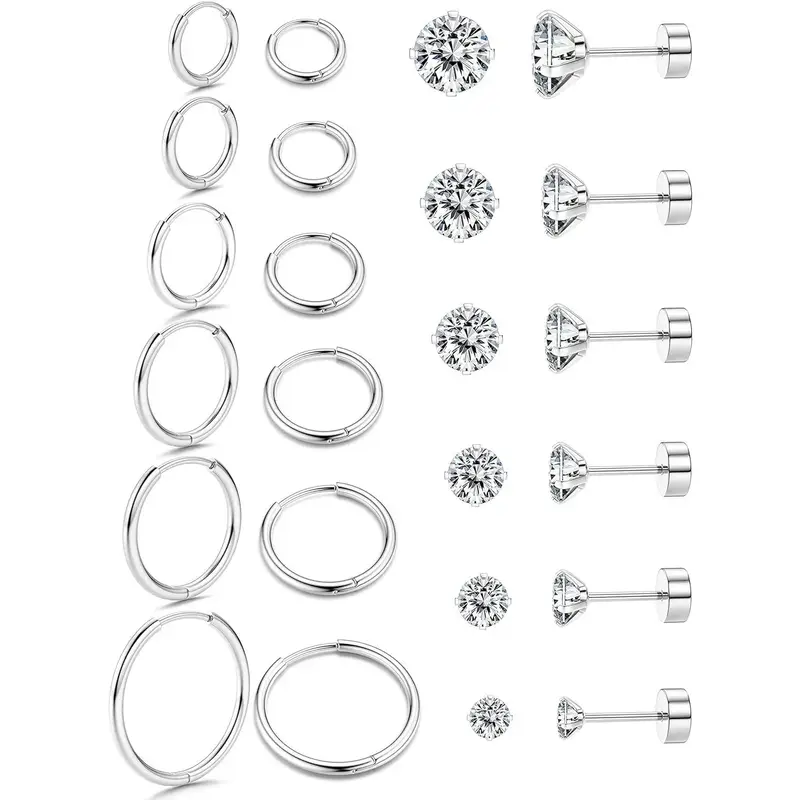 FLORIDECO 12Pairs Stainless Steel Hoop Stud Helix Earrings 20G Flat Back Cartilage Earrings Mini Small Hoop Earrings Flatback...