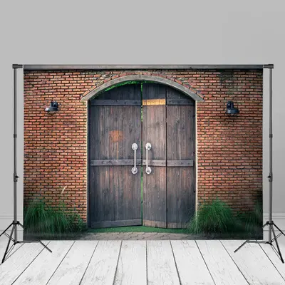 Red Brick Wall Retro Wood Gate Photo Booth Backdrop - Aperturee