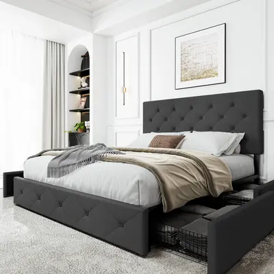 SHA CERLIN Platform Storage Bed Frame with 4 DrawersăFrame Only No MattressăAdjustable Upholstered Headboard with Button ...