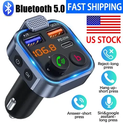 Wireless 5.0 FM Radio Transmitter for Car, Summer MP3 Music Player, QC3.0 PD 20W USB Car Charger with Ambient Light & Hands-f...