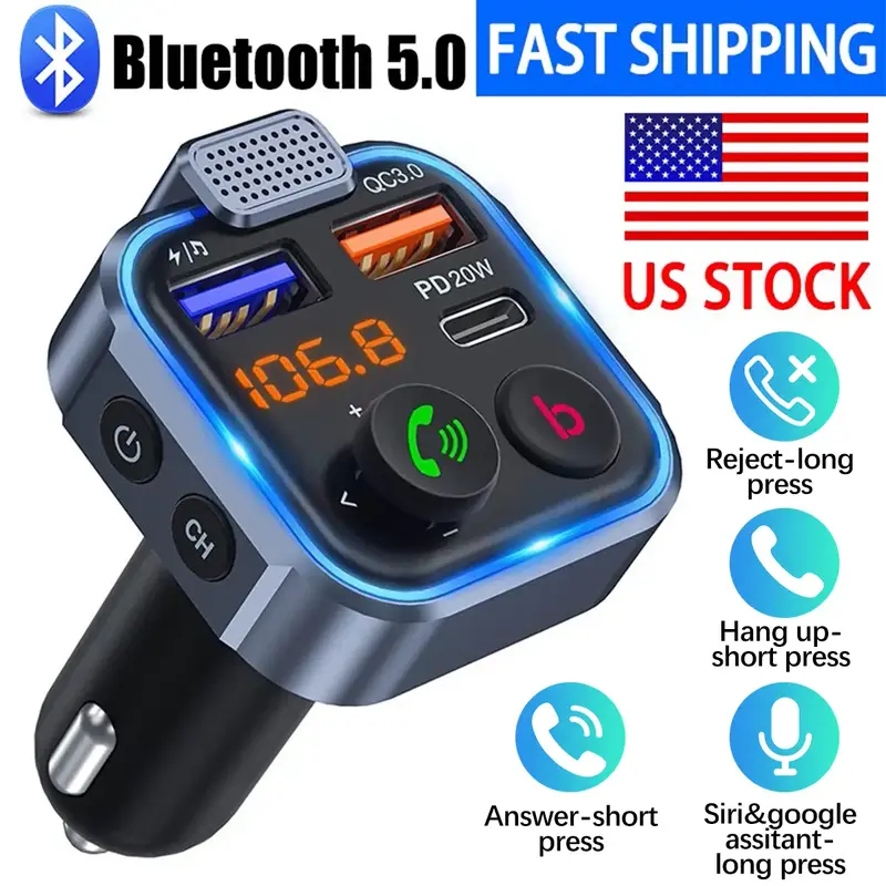 Wireless 5.0 FM Radio Transmitter for Car, Summer MP3 Music Player, QC3.0 PD 20W USB Car Charger with Ambient Light & Hands-f...