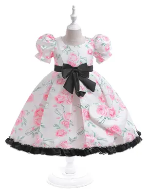 Girl's Floral Print Dress with Bag, Elegant Romantic Satin Dress Set for Party, Kids Clothes for All Seasons