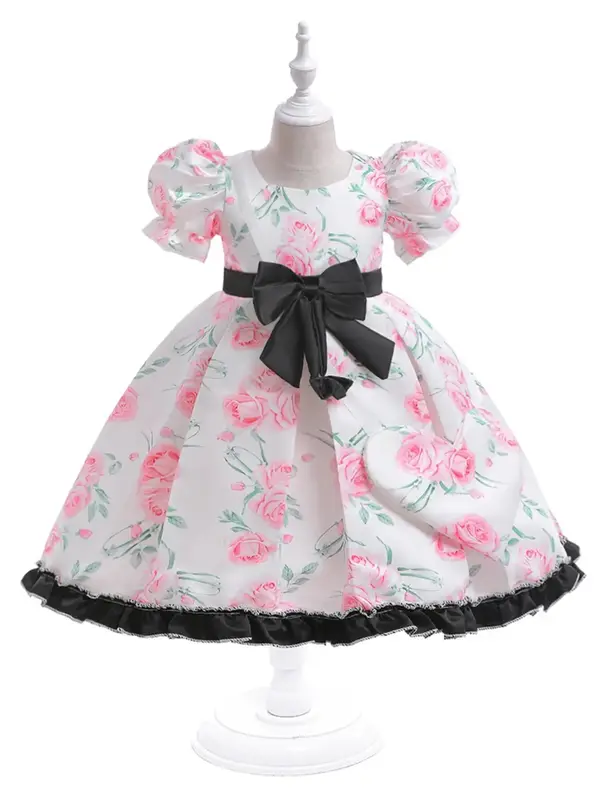 Girl's Floral Print Dress with Bag, Elegant Romantic Satin Dress Set for Party, Kids Clothes for All Seasons