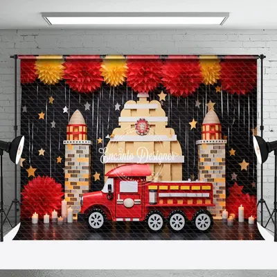 Red Fire Truck Place Tassels Birthday Photo Backdrop - Aperturee