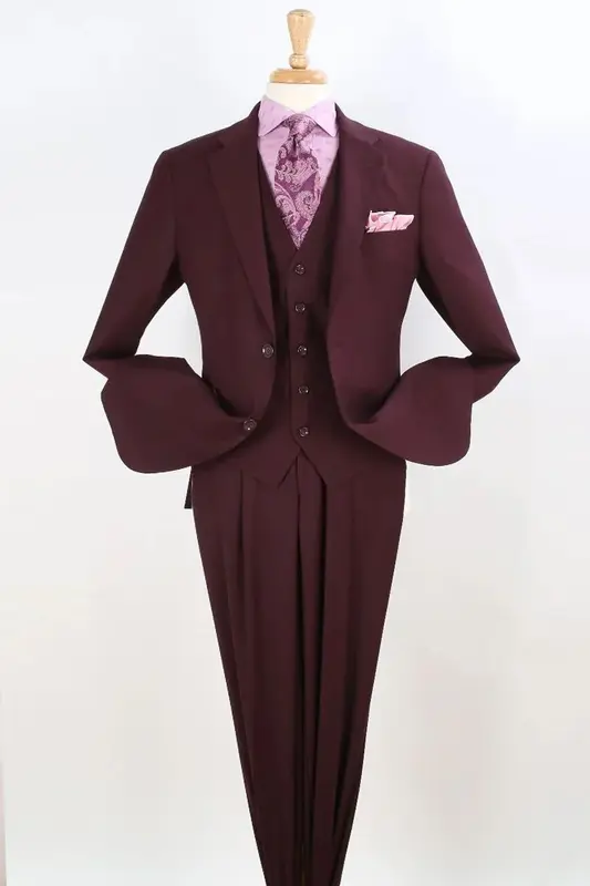 Burgundy Classic Fit Vested Suit - Men's Two Button Pleated Pant