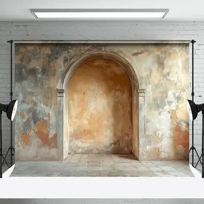 Brown Beige Vintage Stone Arch Retro Wall Backdrop - Aperturee