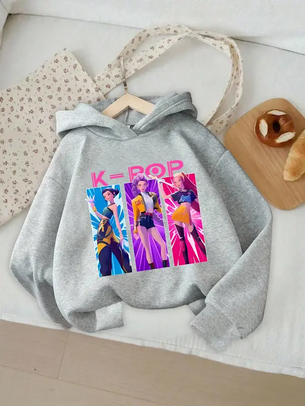 Girls' Kpop Hunter Series Hoodie, Long Sleeve Cartoon Print Pullover, Casual Comfortable Spring & Fall Fashion, Fitted Style