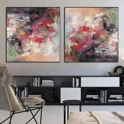 Large Abstract Set of 2 Paintings in Pink, Red, Green and Beige Colors Modern Canvas Fine Art Handmade Artwork | AFTER THE RA...