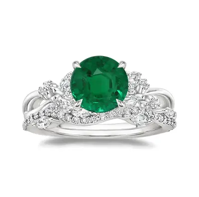10K White Gold Round Cut Emerald & 0.25 CT.T.W. Luxe Winding Willow Diamond Bridal Set