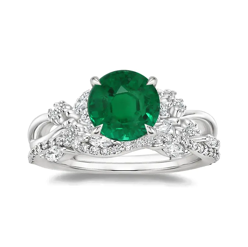 10K White Gold Round Cut Emerald & 0.25 CT.T.W. Luxe Winding Willow Diamond Bridal Set