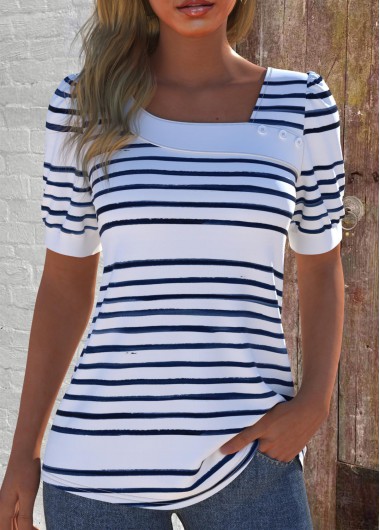 Modlily White Asymmetry Striped Short Sleeve Asymmetrical Neck T Shirt - XXL