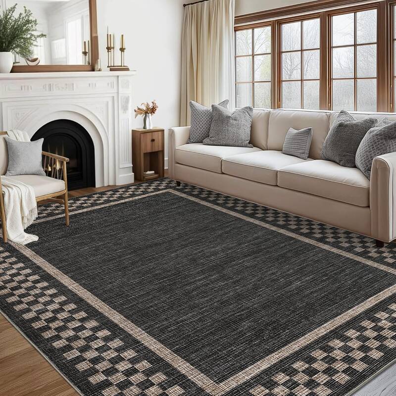 Garvee Machine Washable Area Rug 5x7 - Modern Checkered, Low Pile, Soft Polyester, Non-Slip TPR Backing, Stain Resistant - Li...