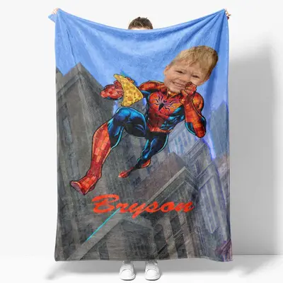 Personalized Photo Flying Hero Pizza City Blanket - Lofaris