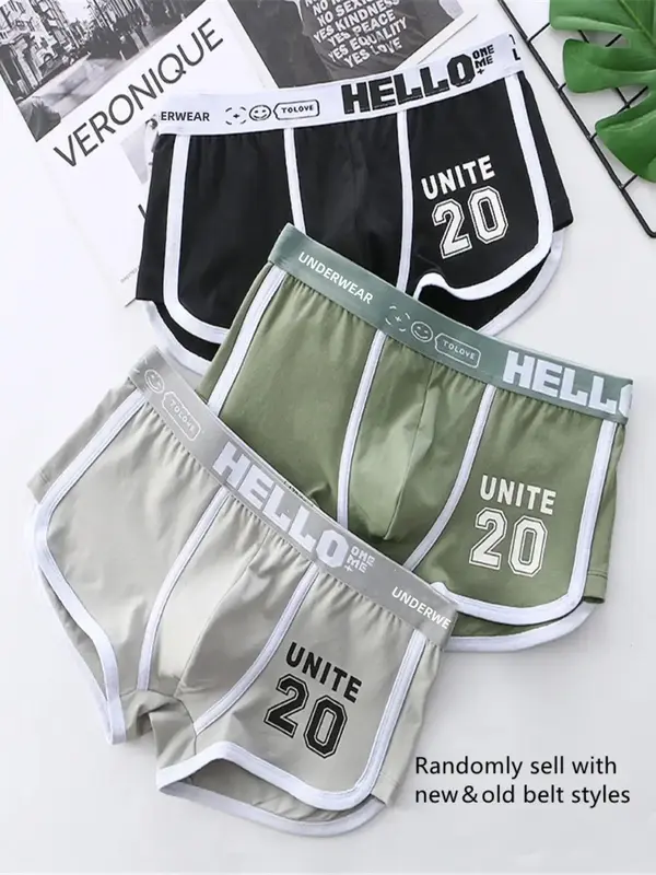 Men's 3pcs Stylish Letter Print Contrast Binding Tape Waist Boxer Brief, Fashion Casual Menswear, Soft Breathable Fabric Unde...