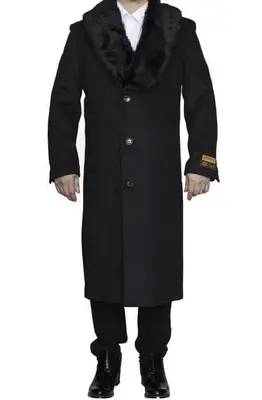 Moscow: MENS CHARCOAL GREY REMOVABLE FUR COLLAR FULL LENGTH WOOL - MENS TOPCOAT / OVERCOAT