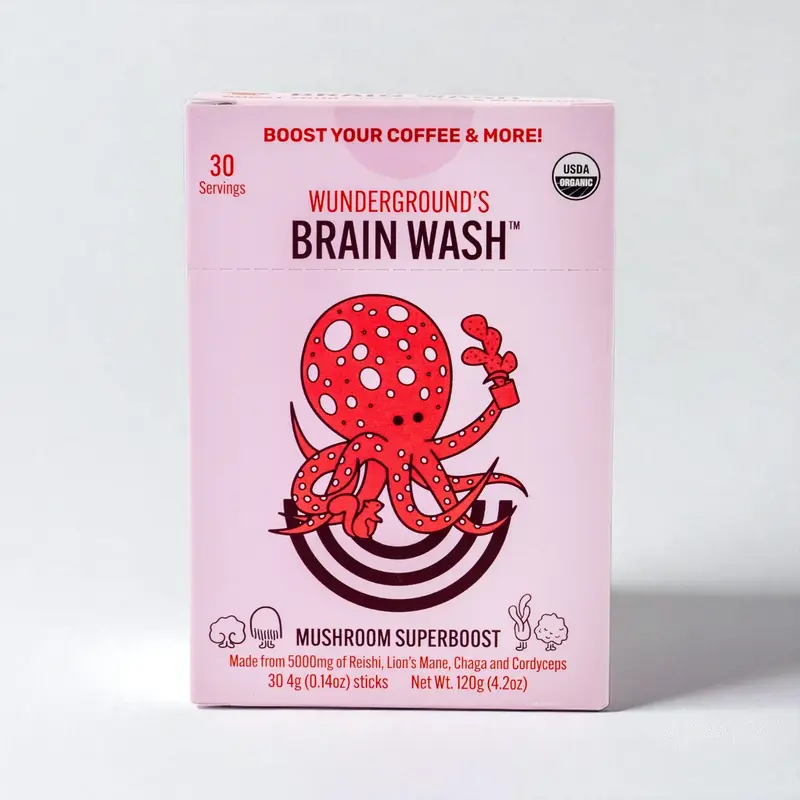 Wunderground Brain Wash SuperBoost – Adaptogenic Mushroom Blend for Focus, Energy & Wellness | 30 Servings | Organic Cocoa-...