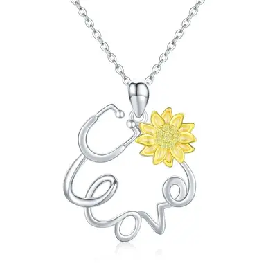 Sterling Silver Circular Shaped Cubic Zirconia Sunflower & Stethoscope Pendant Necklace with Engraved Word