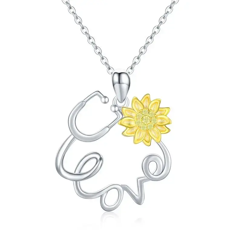 Sterling Silver Circular Shaped Cubic Zirconia Sunflower & Stethoscope Pendant Necklace with Engraved Word