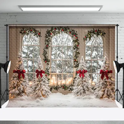 Arched Window Pine Tree Red Bow Christmas Backdrop - Aperturee