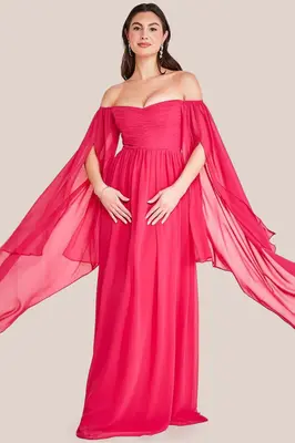 Goddiva Chiffon Off The Shoulder Maxi With Cape Sleeves  - Hot Pink