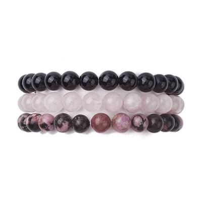 3Pcs 3 Styles Natural Mixed Gemstone Round Beaded Stretch Bracelets Set