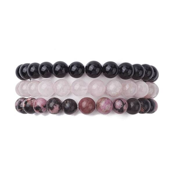 3Pcs 3 Styles Natural Mixed Gemstone Round Beaded Stretch Bracelets Set