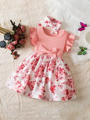 Toddler Girl's Floral Print Bow Decor Ruffle Trim Sweater Dress, Cute Casual Long Sleeve Round Neck Knit Dress for Daily Wear...