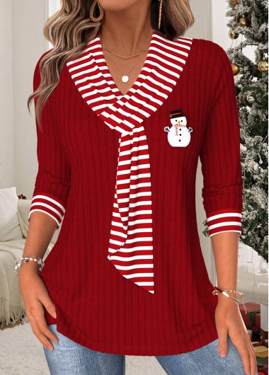 Modlily Christmas Wine Red Tummy Coverage Striped T Shirt - L