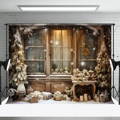 Aperturee Snowy Showcase Window Curtain Christmas Tree Backdrop - Aperturee