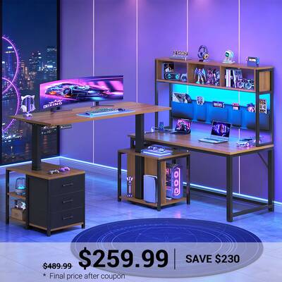 SEDETA 94.5 Inch Reversible Height Adjustable Desk with CPU Stand and Storage Shelves L Shaped Standing Gaming Desk with 3 Dr...