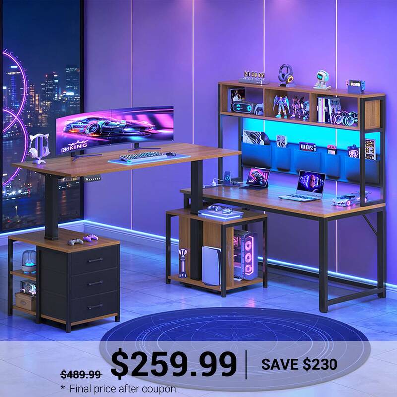 SEDETA 94.5 Inch Reversible Height Adjustable Desk with CPU Stand and Storage Shelves L Shaped Standing Gaming Desk with 3 Dr...
