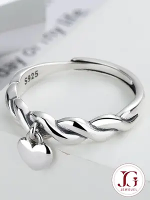 925 Sterling Silver Cute Twist Heart Design Cuff Ring, Adjustable Open Ring for Women & Girls, Fashion Jewelry for Party, Dai...