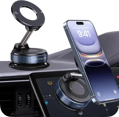 Upgrade Magnetic Phone Holder for Car, 360° Adjustable Vacuum Suction Phone Mount, Hands-Free Pocket Size Foldable Portable ...