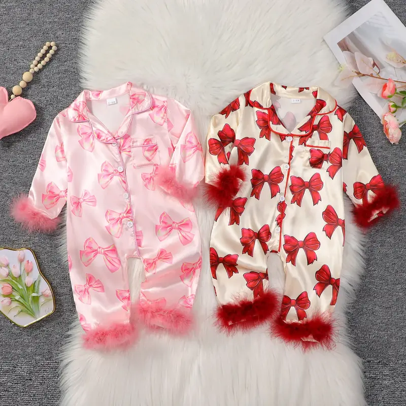 Infant Baby Girl Satin Pajamas Bow Print Silk Romper Pjs Long Sleeve Feather Trim Button Down  Sleepwear Jumpsuit