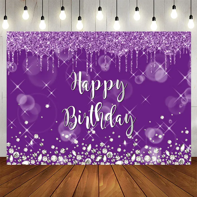 Aperturee Silver Glitter Purple Blur Happy Birthday Backdrop