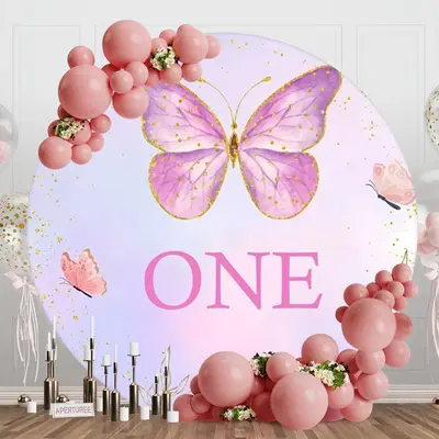 Purple Butterfly Glitter Round One Birthday Backdrop - Aperturee