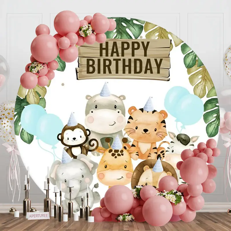 Animals Leaves Balloons Circle Birthday Backdrop - Aperturee