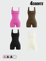 Women's Solid Color Sports Bodysuit, Casual Sporty Comfy Breathable Tummy Control Jumpsuit for Yoga Gym Workout, Ladies Sport...