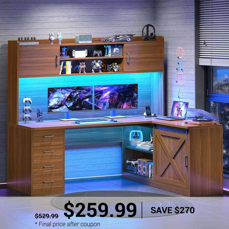 SEDETA ® 55 Inch Corner Gaming Desk with LED Light Computer Desk with Storage Shelves and Power Outlet Farmhouse L Shaped Of...