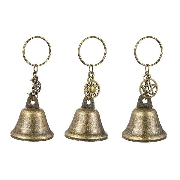 Iron Bell & Hollow Out Moon/Star/Sun Alloy Pendant Keychains