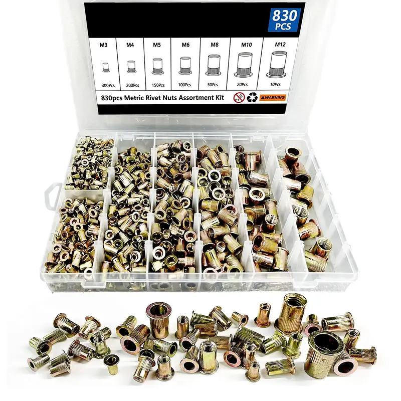 Rivet Nut Tool Kit, 830pcs SAE/Metric Rivet Nut Assortment Kit M3, M4, M5, M6, M8, M10, M12, (Metric - 830pcs) #6-32、#8-32...