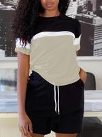 【Plus Size】 Two-piece Set Colorblock Print Short Sleeve Tee & Shorts, Casual Round Neck T-shirt & Shorts, Women's Summer ...