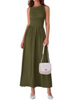 BTFBM Women 2025 Summer Sleeveless Ruched Maxi Dresses Boat Neck High Waist Wedding Guest Cocktail Tank Dress Pockets