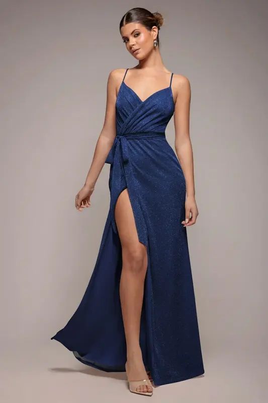 Goddiva Wrap Style Spaghetti Strap Maxi With Split - Navy